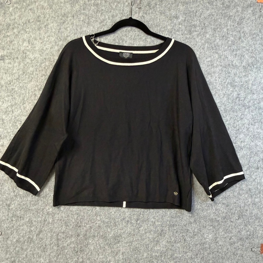 Jones New York Signature Black Knit Top White Trim 3/4 Sleeve Size Medium NEW